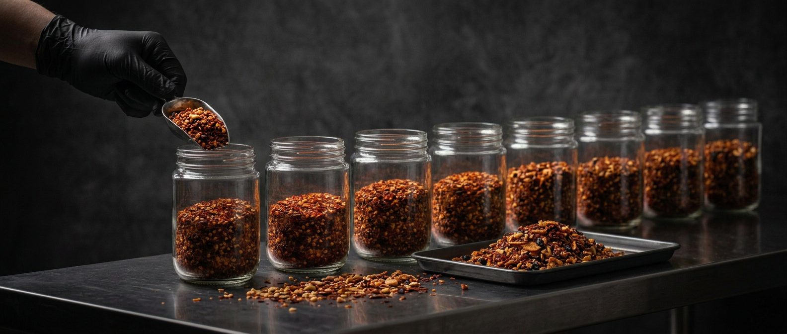 Glass jars being dry filled by hand with chilli flakes, crushed cashew, caramelised black beans and crispy aromatics