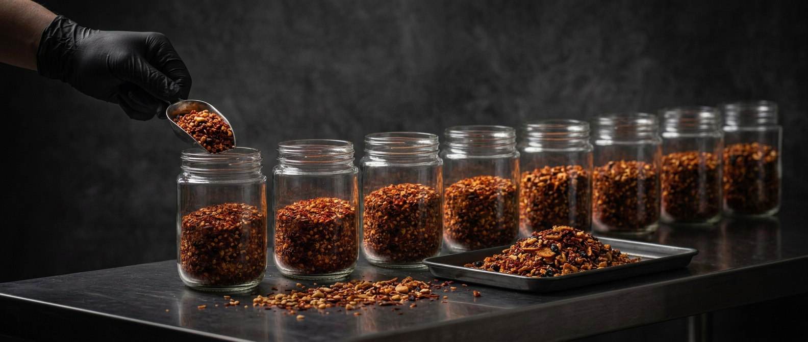 Glass jars being dry filled by hand with chilli flakes, crushed cashew, caramelised black beans and crispy aromatics