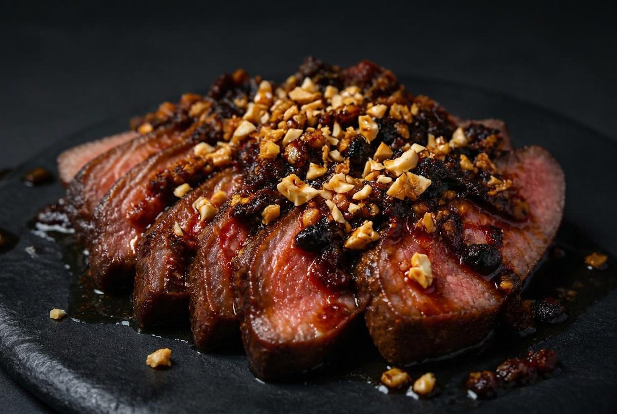 Sliced medium-rare steak topped with chilli crisp