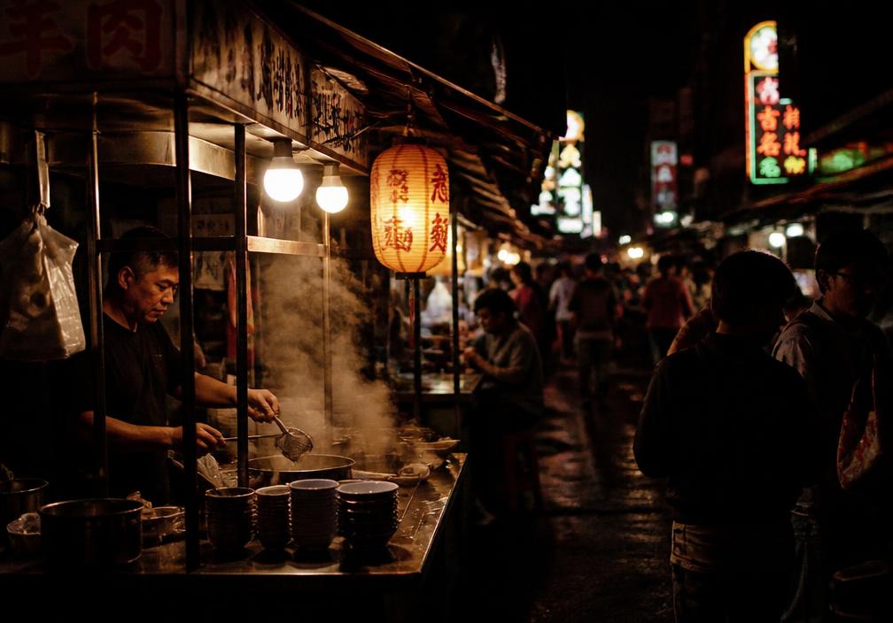 Hsinchu night market noodle stall lit by lanterns