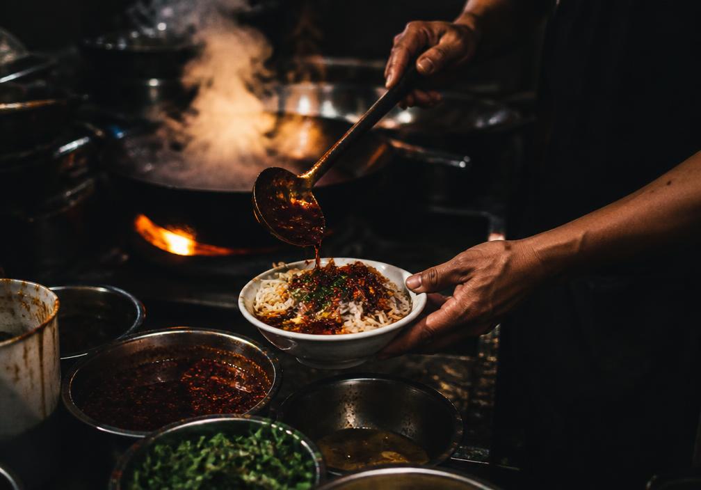 Vendor ladling chilli oil over a bowl of noodles at a Hsinchu night market